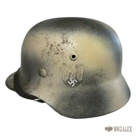 Refurbished M35 double-decal helmet, Normandy-style camouflage – side view with decal