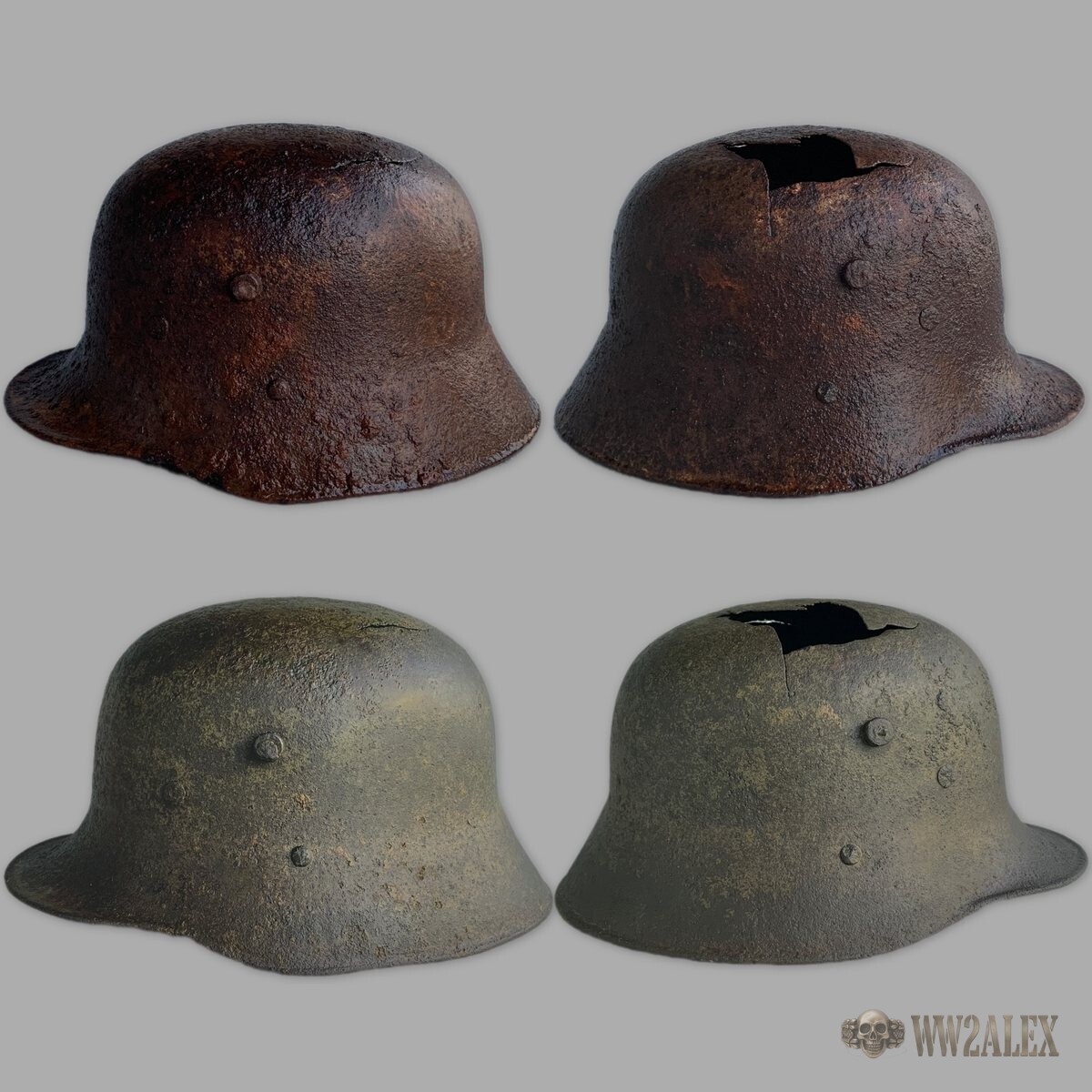 An early-pattern helmet shell with a torn opening in the crown, shown from two sides before and after conservation: rust brown above, field grey below.