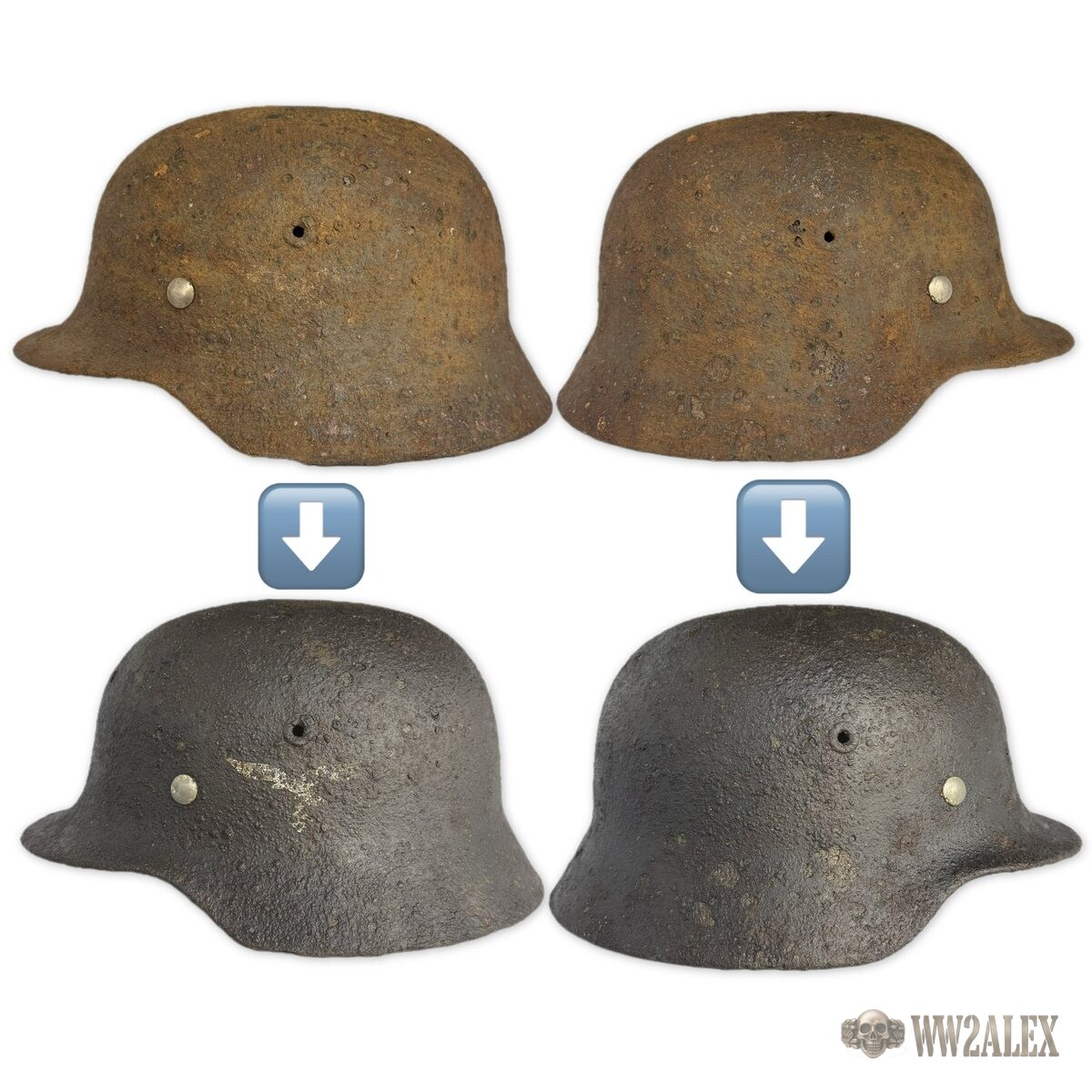A German helmet shell shown from two sides before and after conservation: heavily rusted above, cleaned and dark grey below with a pale fragment of the original decal visible on the left side.