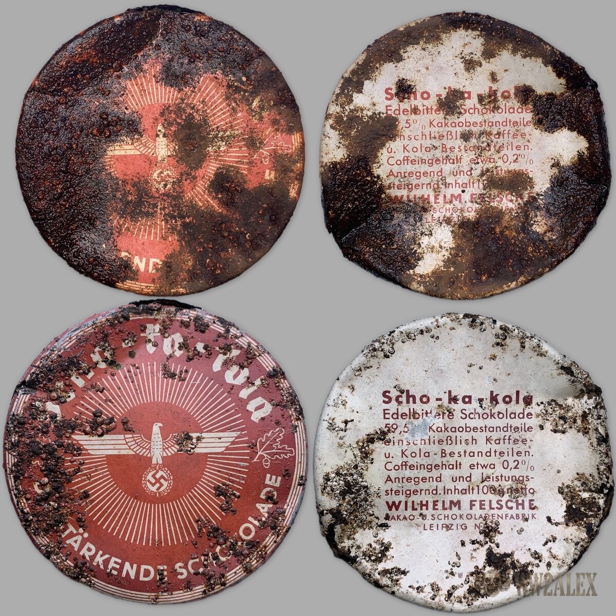 A round tinplate chocolate ration container, lid and base, shown corroded before cleaning and legible afterwards, with period manufacturer text and national insignia printed on it.