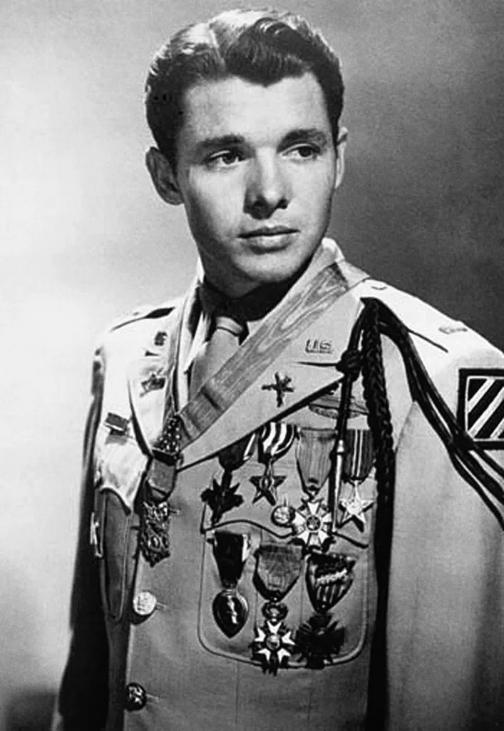 Audie Murphy in uniform with his decorations, 1948