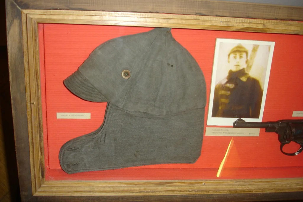 Original budenovka cloth helmet of the Russian Civil War period in a museum display