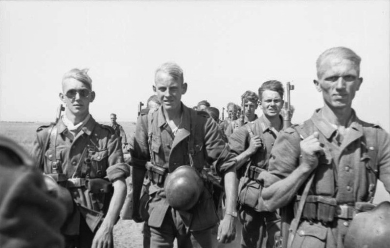 German soldiers on the march in Russia, August 1942, with field equipment