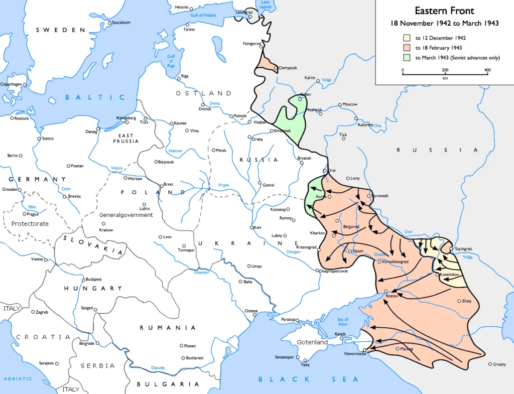 Map of Soviet advances on the Eastern Front, November 1942 to March 1943