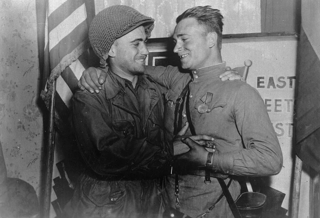 American and Soviet officers meet at Torgau on the Elbe, April 1945