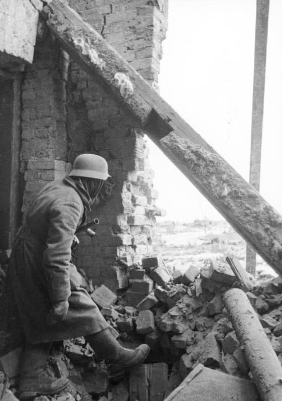 German infantryman in a ruined building, Demyansk area, January 1942