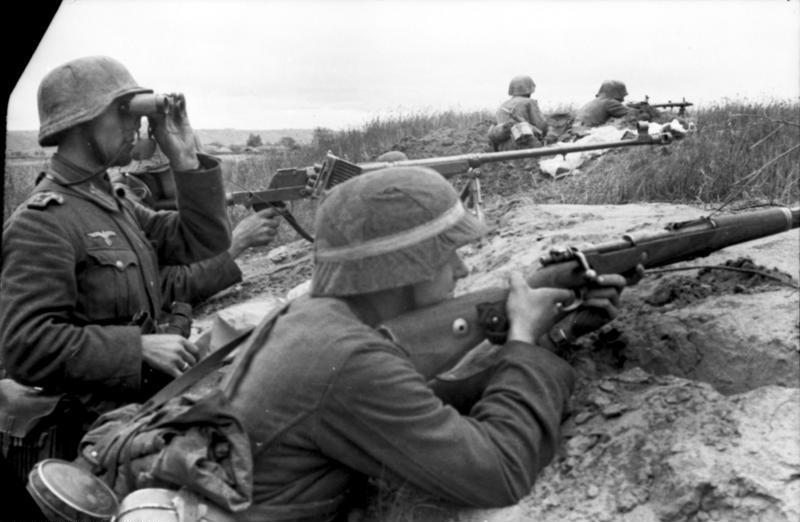 German soldiers in position in Russia, June 1942, wearing steel helmets