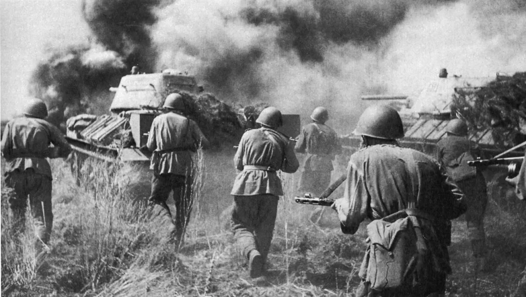 Soviet troops and T-34 tanks counterattacking at Prokhorovka, July 1943