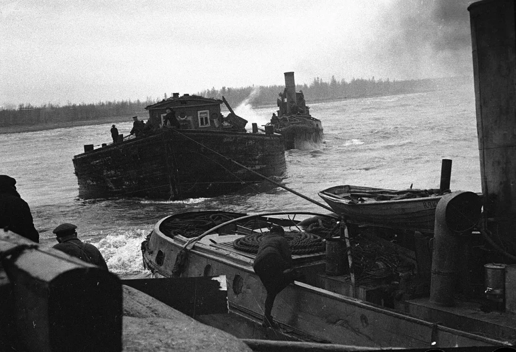 Boats carrying food across Lake Ladoga to besieged Leningrad, September 1942
