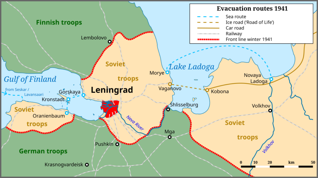 Map of besieged Leningrad in winter 1941 with the Road of Life across Lake Ladoga