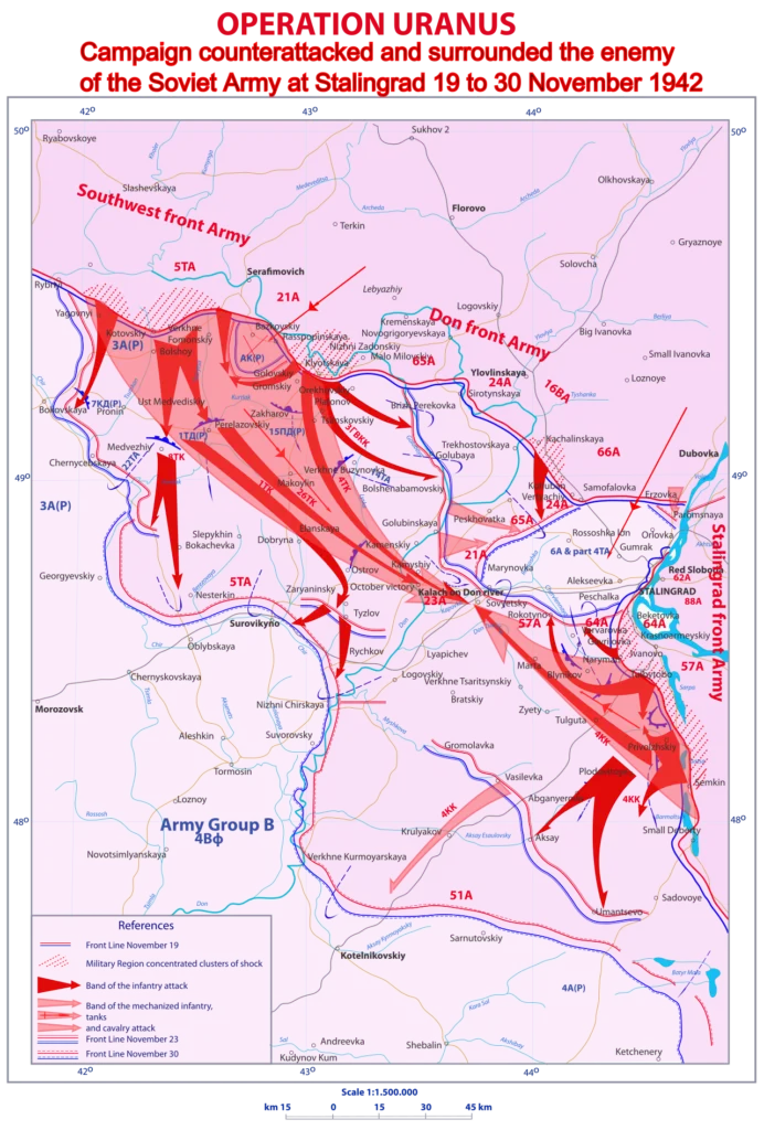 Map of Operation Uranus, the Soviet encirclement of Stalingrad, 19–23 November 1942
