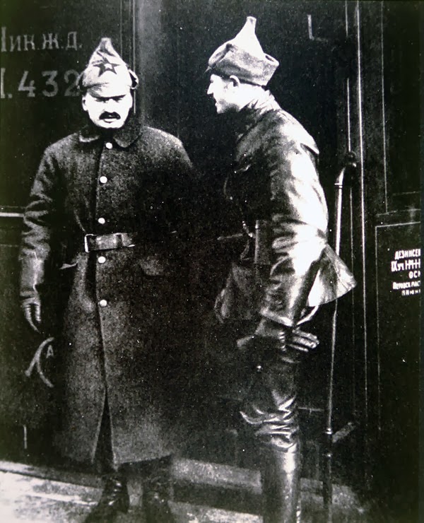 Red Army men in budenovkas at Trotsky's armoured train, Russian Civil War